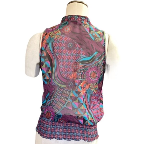 Bisou Bisou Sleeveless Sheer Ruffle V-Neck Smock Waist Top Sz S 70R - Picture 4 of 7